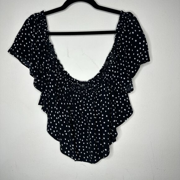 Revolve NBD Cute Black & White Polka Dot Off-Shoulder Ruffled Crop Top Blouse L - Picture 3 of 13